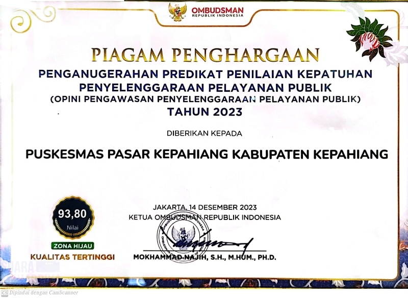 Penghargaan Ombudsman RI Perwakilan Provinsi Bengkulu Untuk Puskesmas Kepahiang Tahun 2023 (Doc. sm)